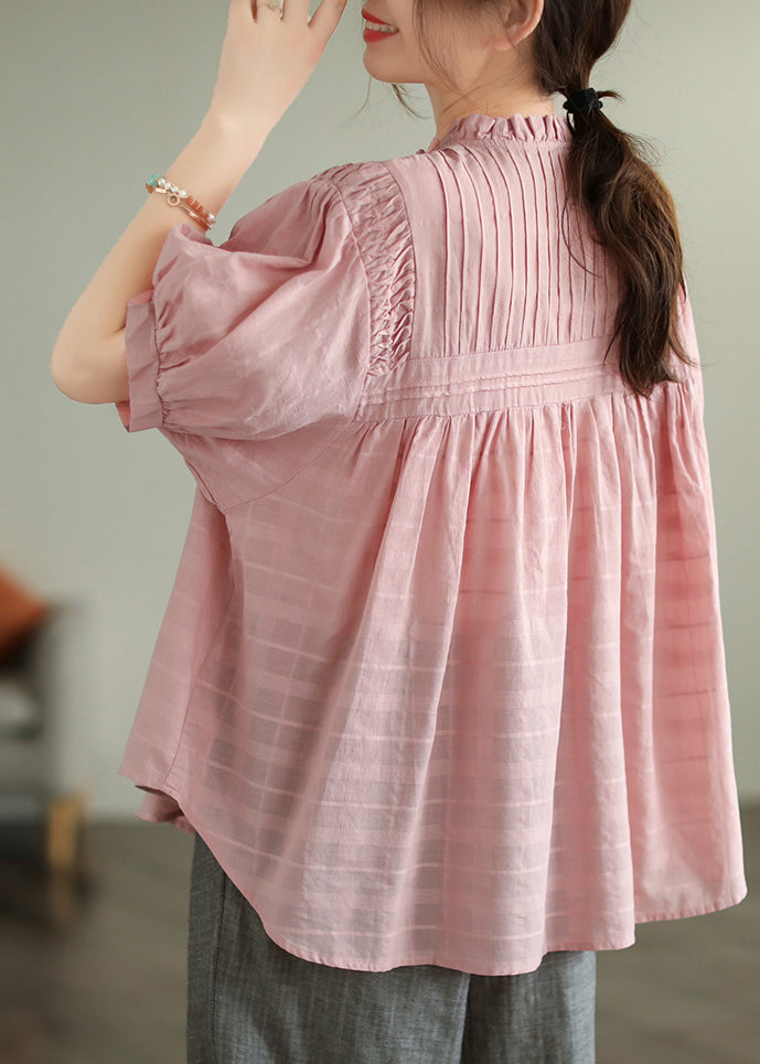 Top Oversized Blouse Simple Pink Summer Wrinkled Cotton FashionChic