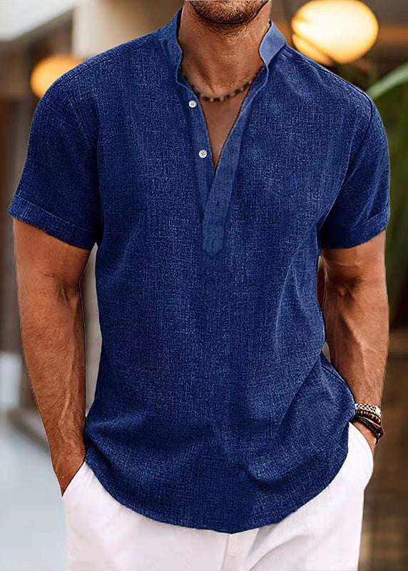 Simple Mens Cotton Shirt Collar Stand Pink Button Summer FashionChic
