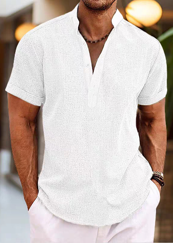 Simple Mens Cotton Shirt Collar Stand Pink Button Summer FashionChic