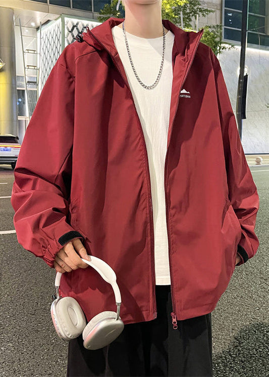 Coats Mens Simple Solid Red Zippered Hooded Cotton Spring FashionChic