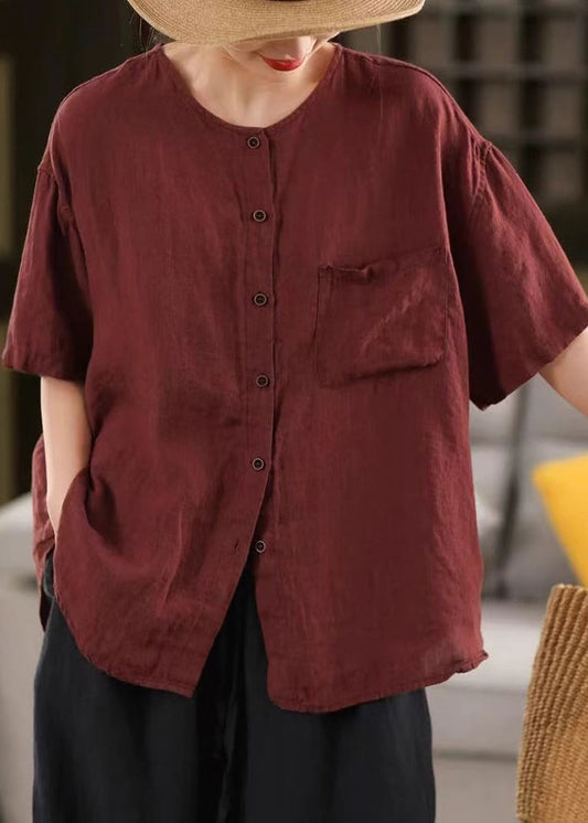 Linen Button Simple Red Pockets Shirt Neck Summer O FashionChic