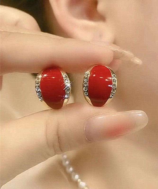 Simple Red Sterling Silver Overgild Zircon Jade Stud Earrings YA041 ABC