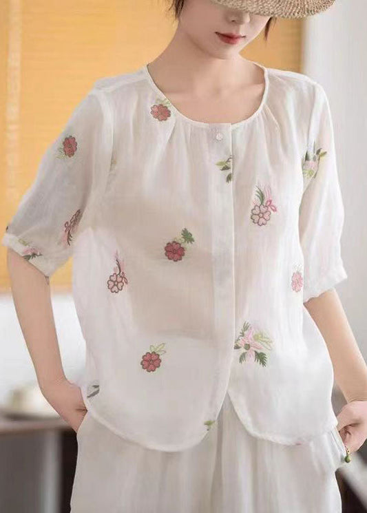 Embroidered White Linen Sleeve Simple Half Shirt FashionChic