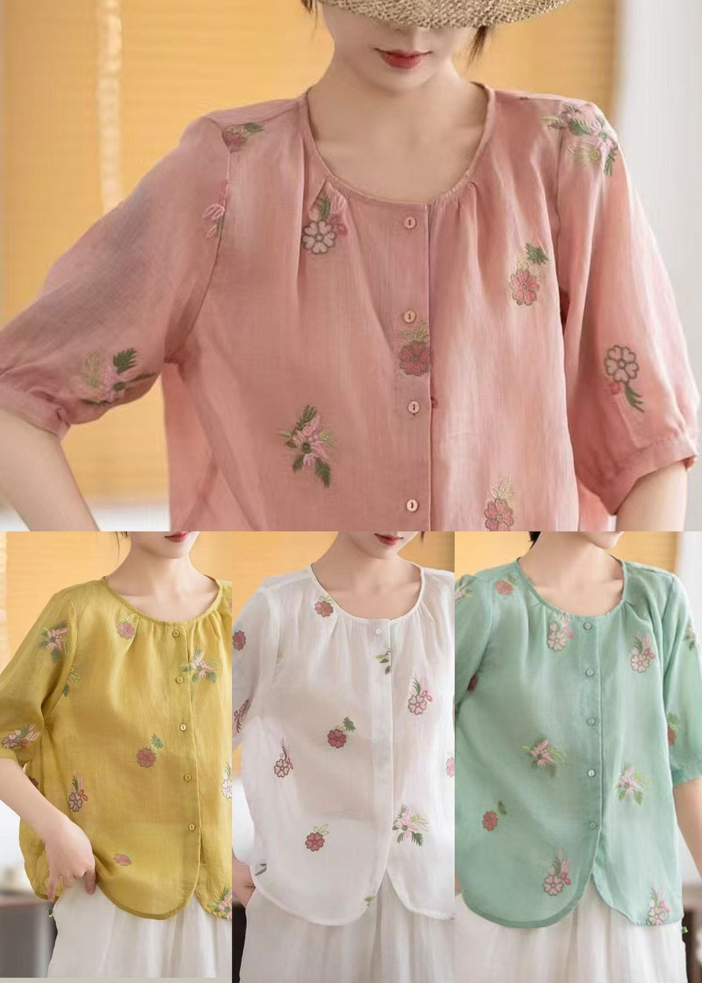 Embroidered White Linen Sleeve Simple Half Shirt FashionChic