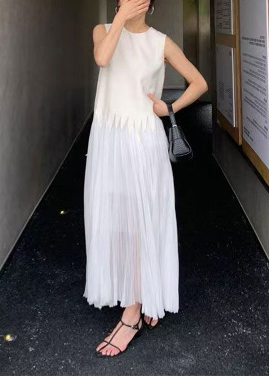 Simple White O Neck Wrinkled Silk Long Dress Sleeveless ZL064 SH-LF-SDL240621
