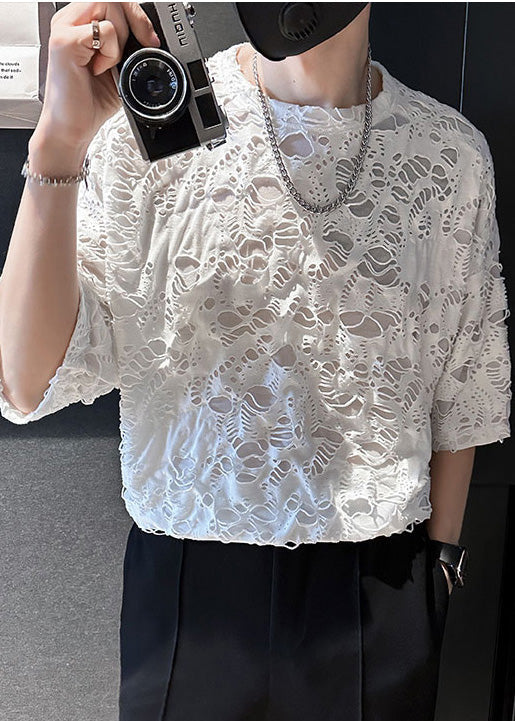 T Cotton Shirt Ripped Men Simple Summer Oversized White FashionChic