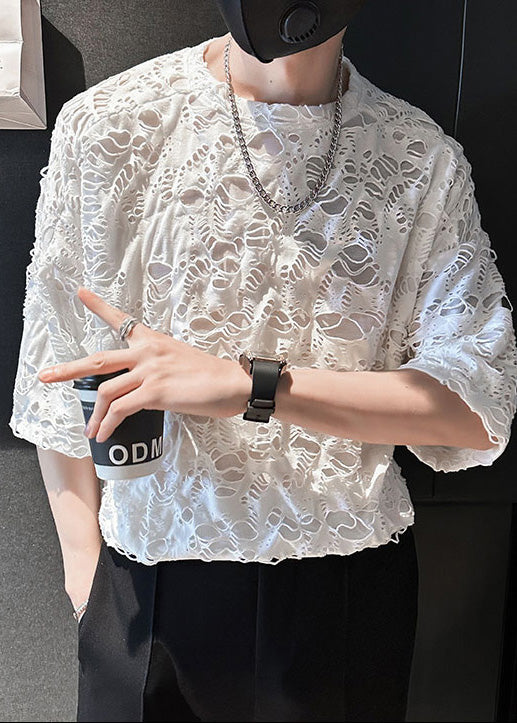 T Cotton Shirt Ripped Men Simple Summer Oversized White FashionChic