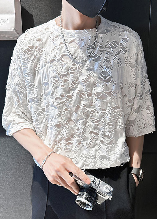 T Cotton Shirt Ripped Men Simple Summer Oversized White FashionChic