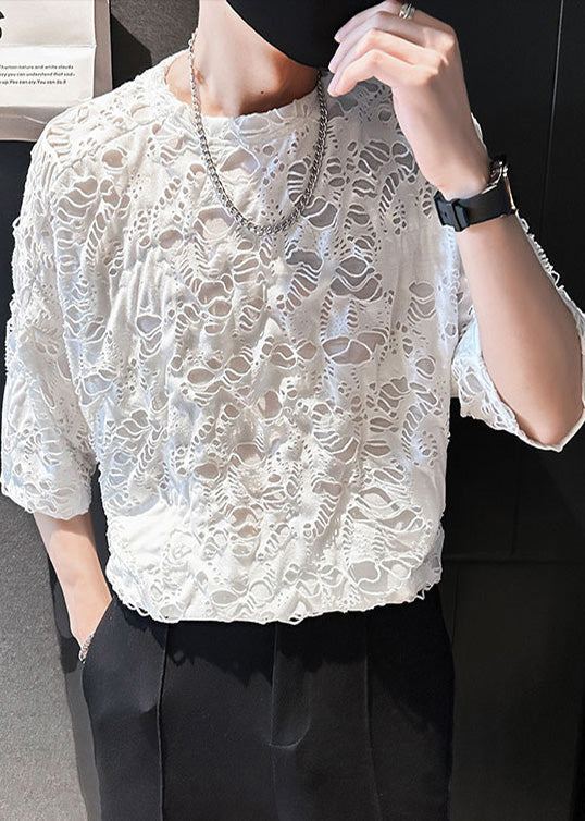 T Cotton Shirt Ripped Men Simple Summer Oversized White FashionChic