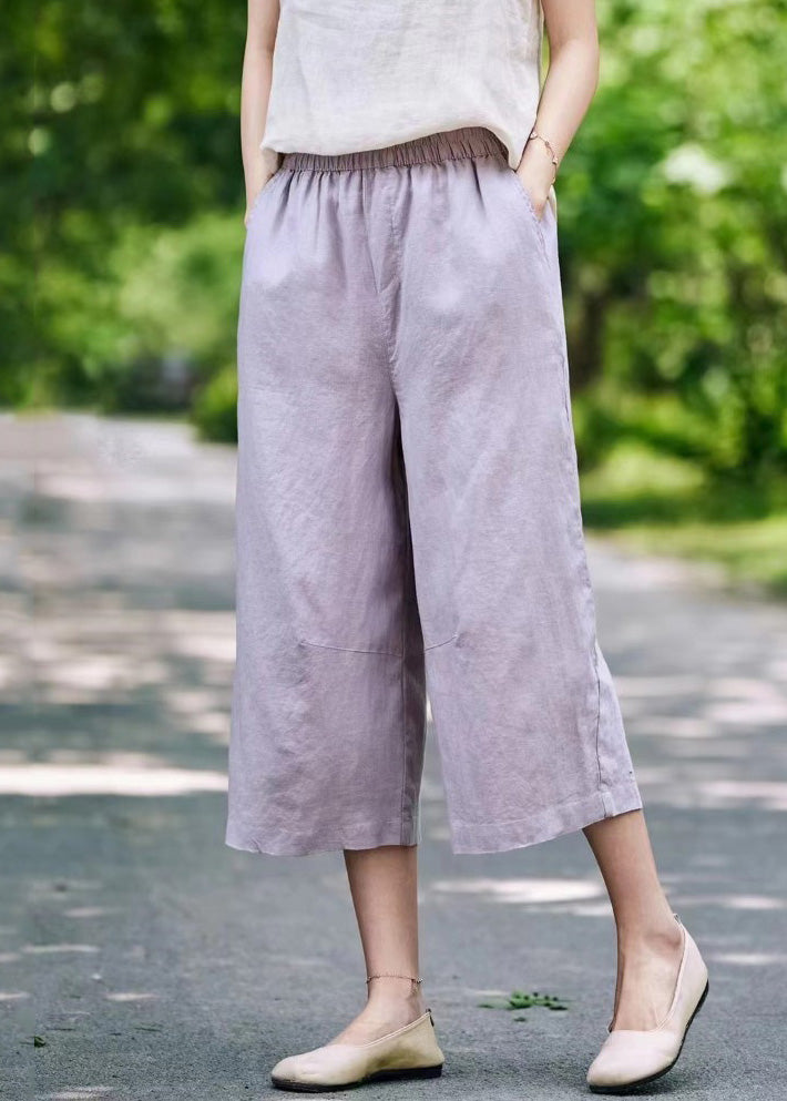 White Waist Crop Summer Linen Pants Simple Pockets Elastic FashionChic