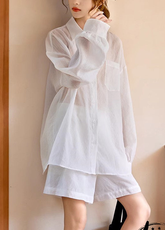 Simple White Pockets Shirts And Shorts Two Piece Suit Set Long Sleeve WW038 OL-TPIEC240812