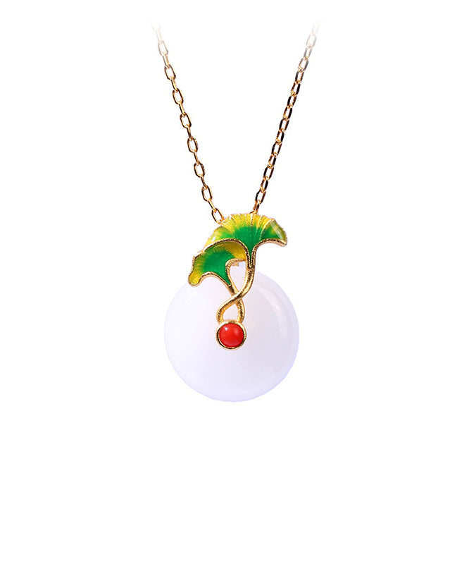 Simple White Sterling Silver Overgild Jade Ginkgo Leaf Ping Buckle Pendant Necklace KX1076 Ada Fashion