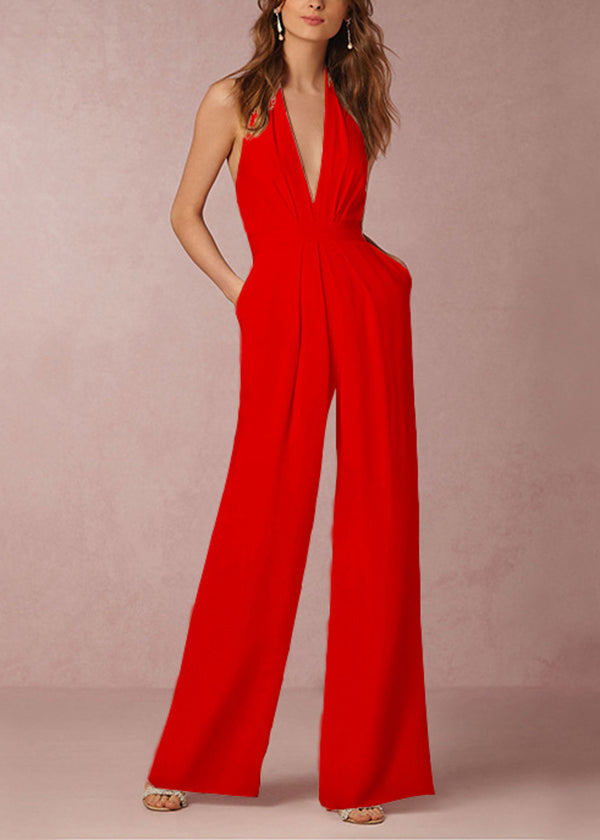 Sleeveless Backless Pockets White Neck V Simple Jumpsuit Cotton FashionChic