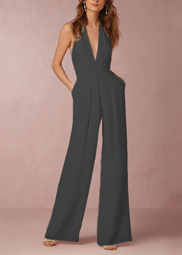Sleeveless Backless Pockets White Neck V Simple Jumpsuit Cotton FashionChic