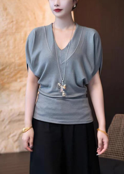 Summer T V Neck White Cotton Simple Solid Shirt FashionChic