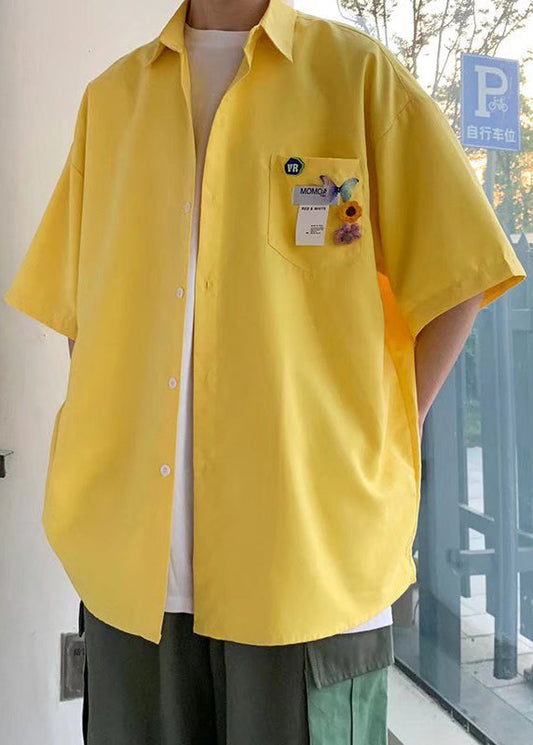 Half Cotton Men Pockets Simple Button Yellow Shirts Sleeve FashionChic
