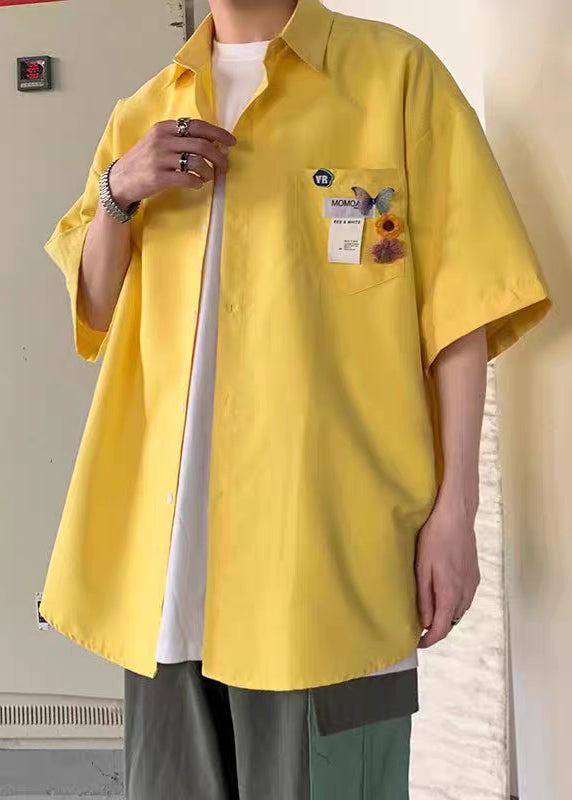 Half Cotton Men Pockets Simple Button Yellow Shirts Sleeve FashionChic