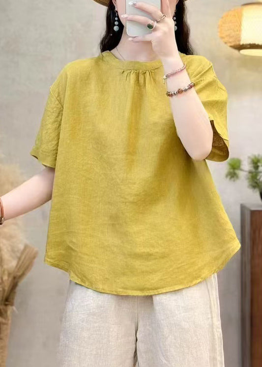 O Summer Solid Neck Cotton Yellow Simple Shirt FashionChic