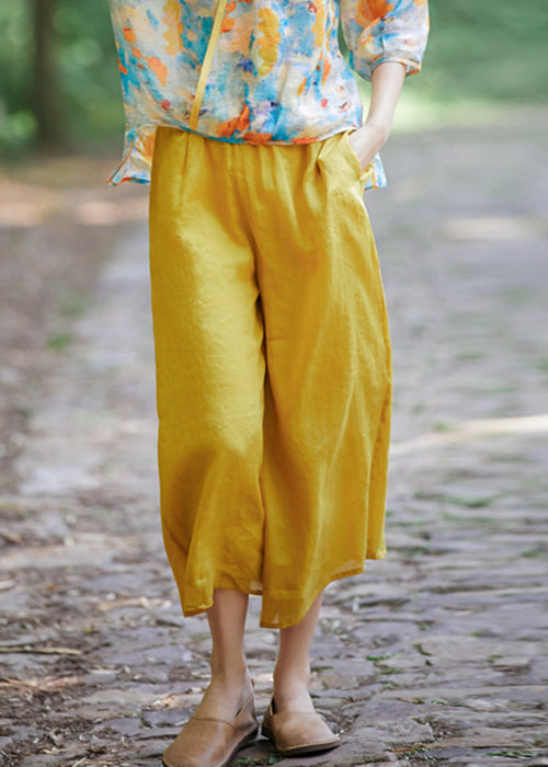 Crop Summer Yellow Elastic Pockets Simple Linen Waist Pantss FashionChic