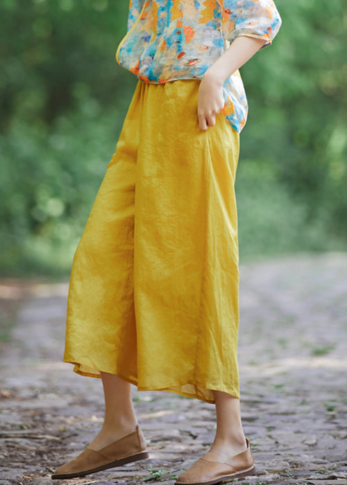Crop Summer Yellow Elastic Pockets Simple Linen Waist Pantss FashionChic