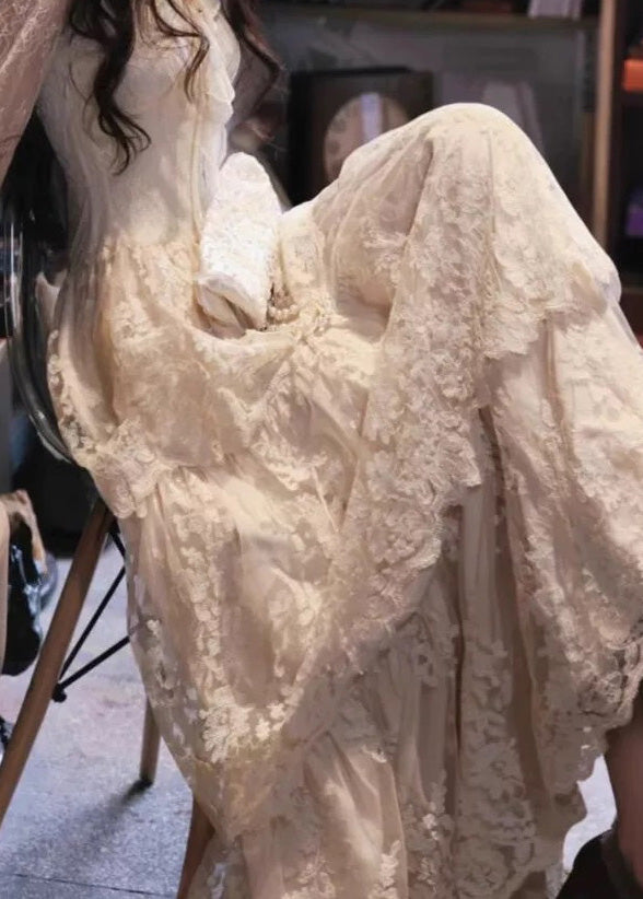 Dress Patchwork Fit Slim Ruffled Beige V Neck Maxi Flare Lace FashionChic