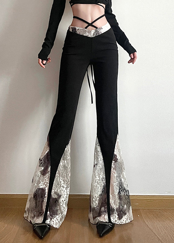 Slim Fit Black High Waist Lace Patchwork Flare Bottoms Fall PP028 OM-NZ240827