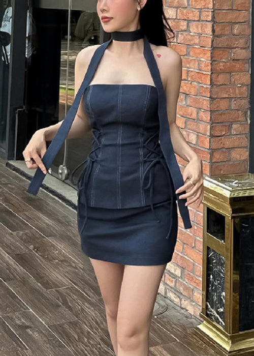 Slim Fit Black Strapless Lace Up Tops And Skirts Two Pieces Set Sleeveless YZ053 ABC