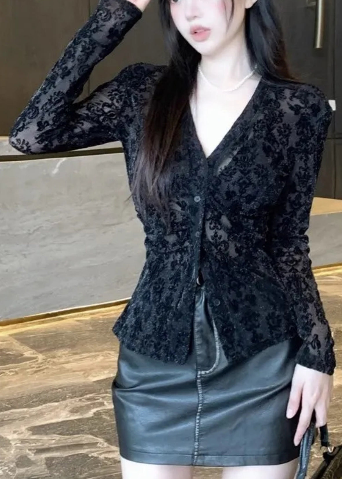 Fit Slim Top Neck Tulle Black Spring Button Flocking V FashionChic