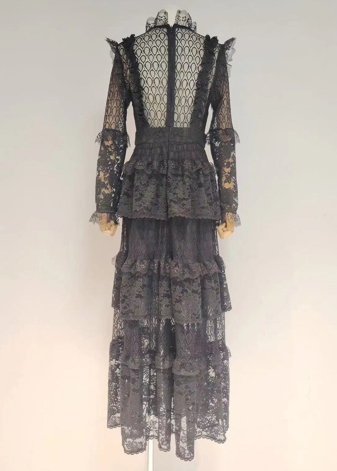 Slim Fit Black V Neck Hollow Out Lace Dress Long Sleeve AA1027 Ada Fashion