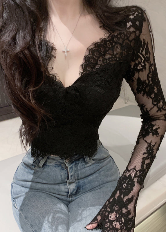 Spring Neck Top V Lace Black Fit Slim FashionChic