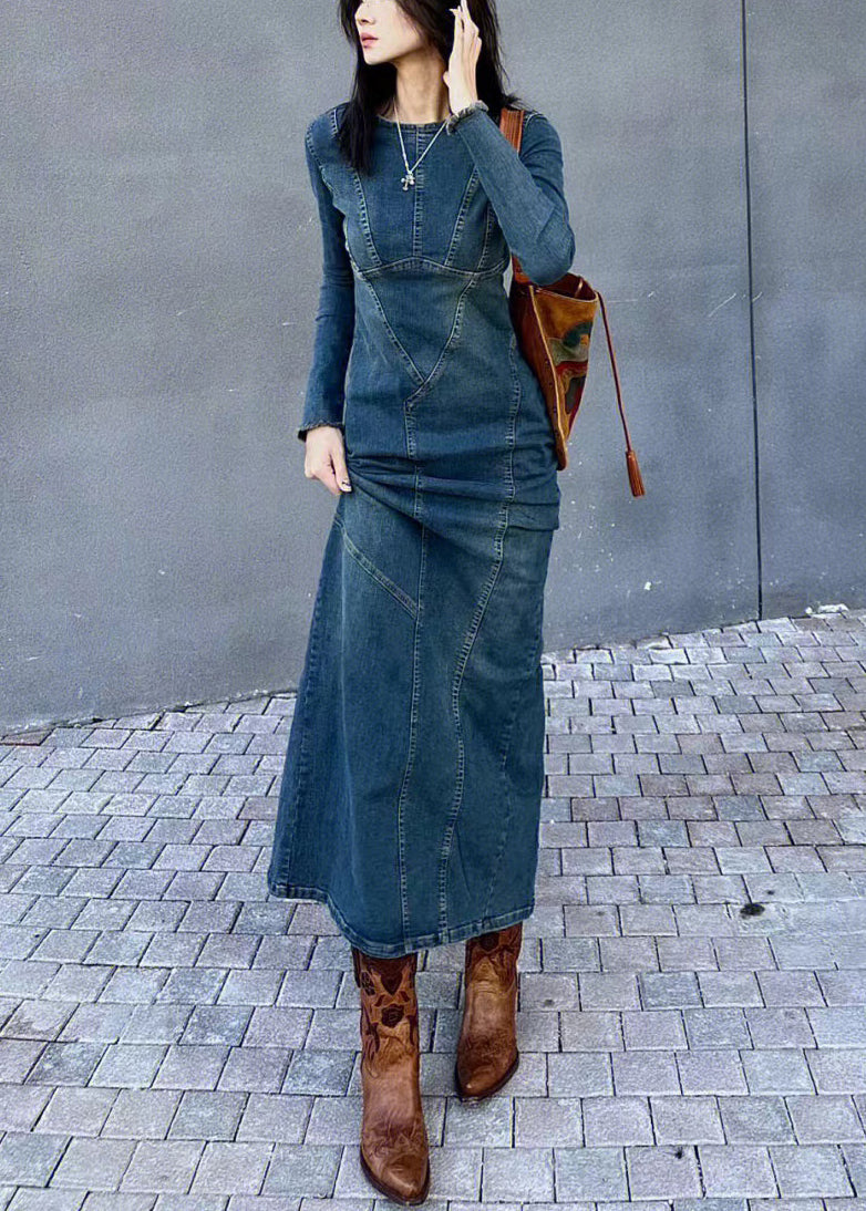 Original Back Slim Side Open Blue Dresses Design Long Fit Denim FashionChic