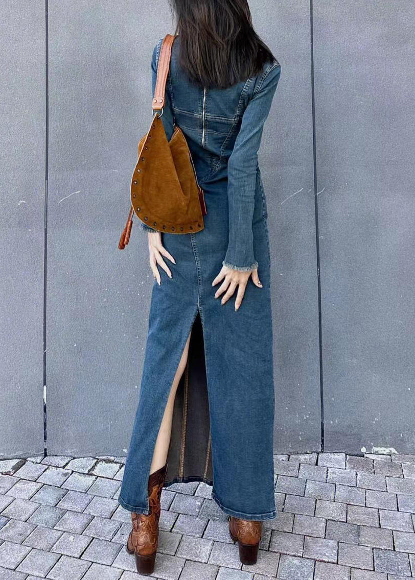 Original Back Slim Side Open Blue Dresses Design Long Fit Denim FashionChic
