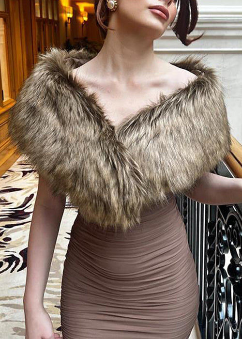 Slim Fit Brown Fur Collar Wrinkled Patchwork Cotton Long Dress Sleeveless YT019 ABC