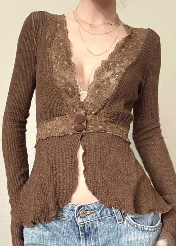 Lace Tops Knit Brown Fit Spring Patchwork Slim FashionChic