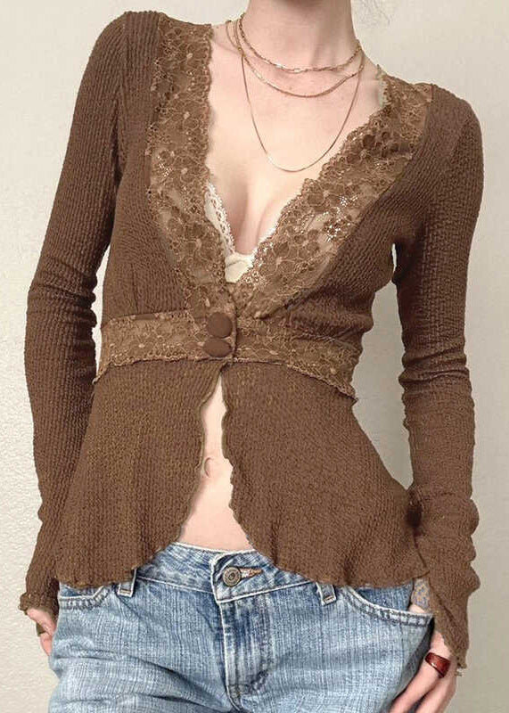Lace Tops Knit Brown Fit Spring Patchwork Slim FashionChic