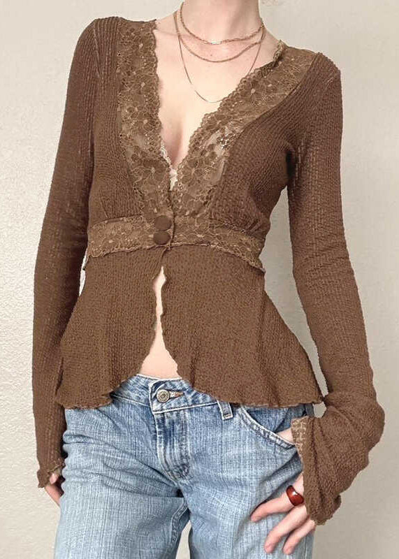 Lace Tops Knit Brown Fit Spring Patchwork Slim FashionChic