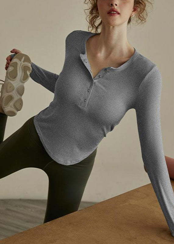 Fit Top Yoga Patchwork Green Button Solid Slim FashionChic