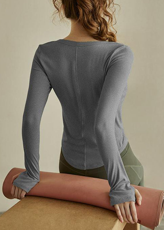 Fit Top Yoga Patchwork Green Button Solid Slim FashionChic