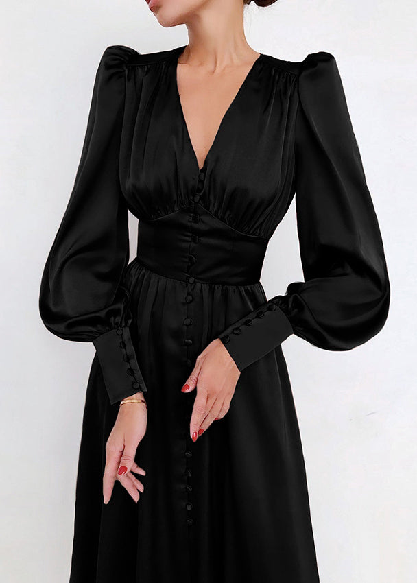 Slim Fit Green V Neck Wrinkled Silk Maxi Dress Puff Sleeve ZL061 SH-LF-FDL240621