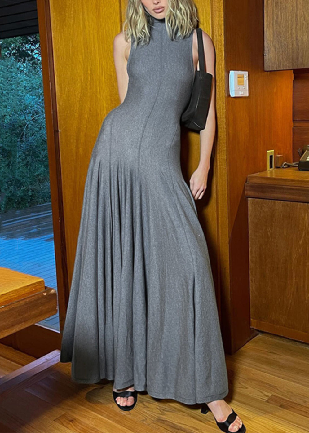 Slim Fit Grey Turtleneck Backless Cotton Long Dress Sleeveless YZ077 ABC