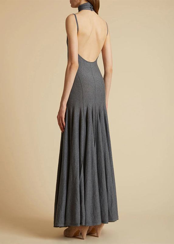 Slim Fit Grey Turtleneck Backless Cotton Long Dress Sleeveless YZ077 ABC