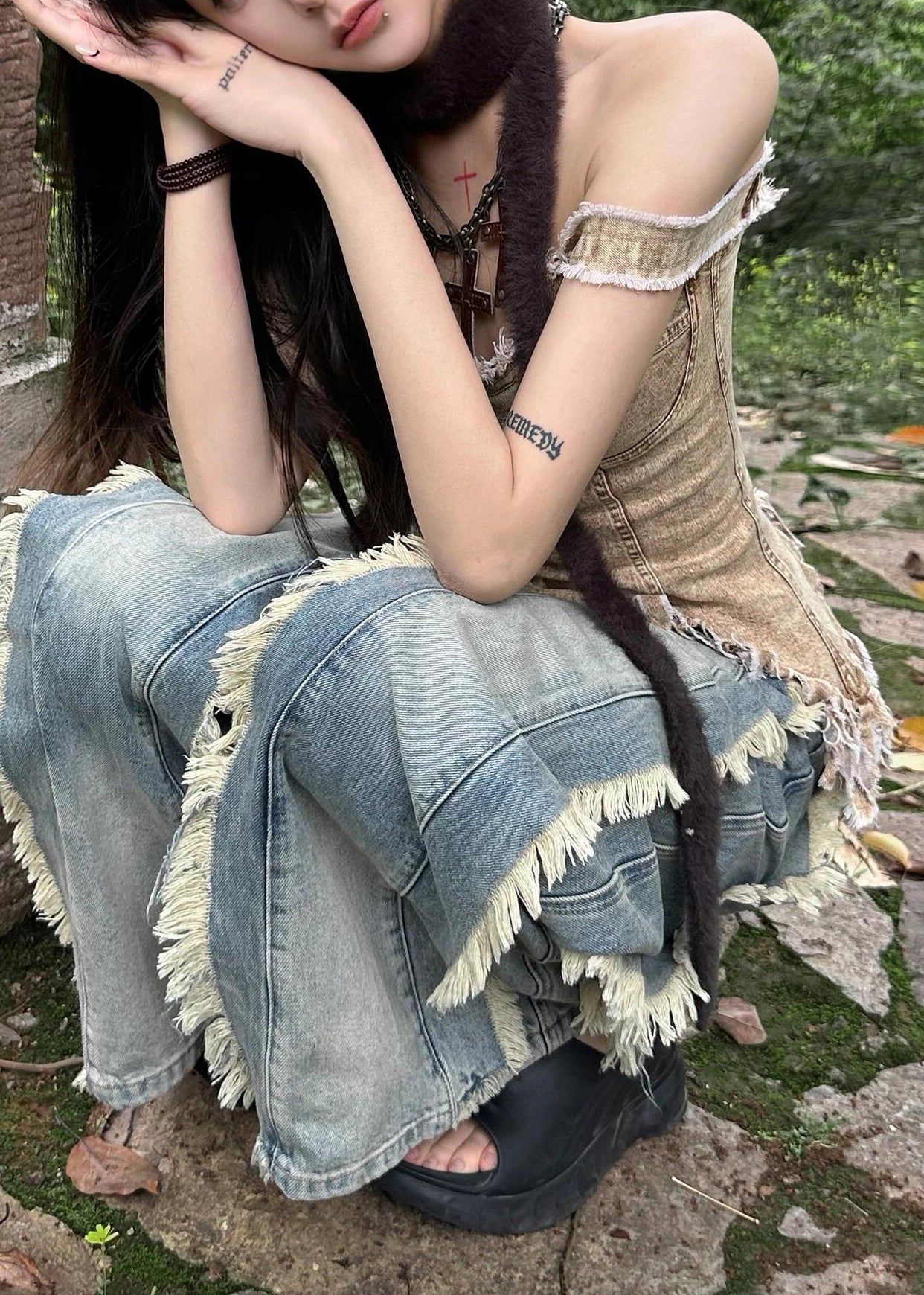 Slim Fit Khaki V Neck Asymmetrical Denim Tank Sleeveless PP034 OM-NZ240827