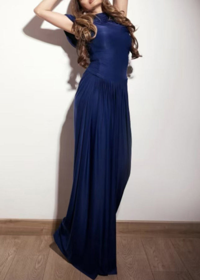 Wrinkled Light Cotton Fit Solid Slim Waist Blue High Dresses Maxi FashionChic