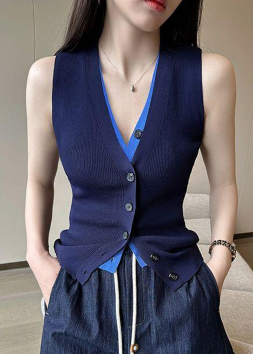 Fit V Knit Navy Button Sleeveless False Neck Vest Slim Pieces Two FashionChic