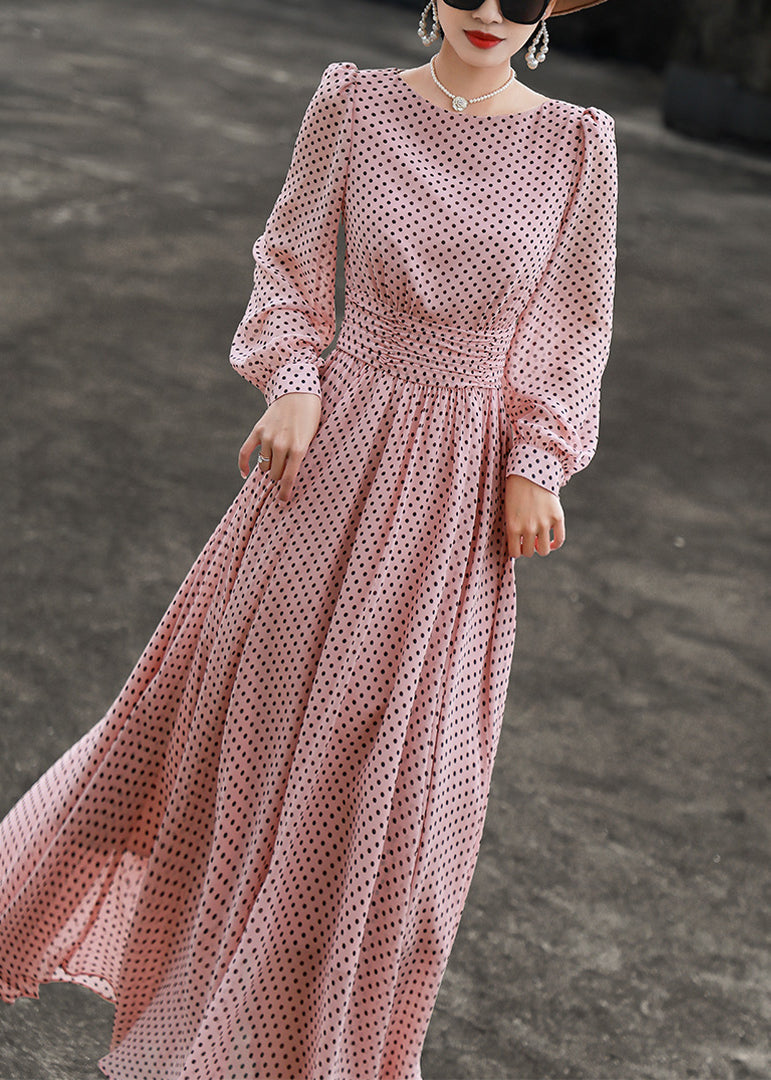 Slim Fit Pink Dot O Neck Chiffon Dresses Long Sleeve EE1019 SH-LF-FDL240517