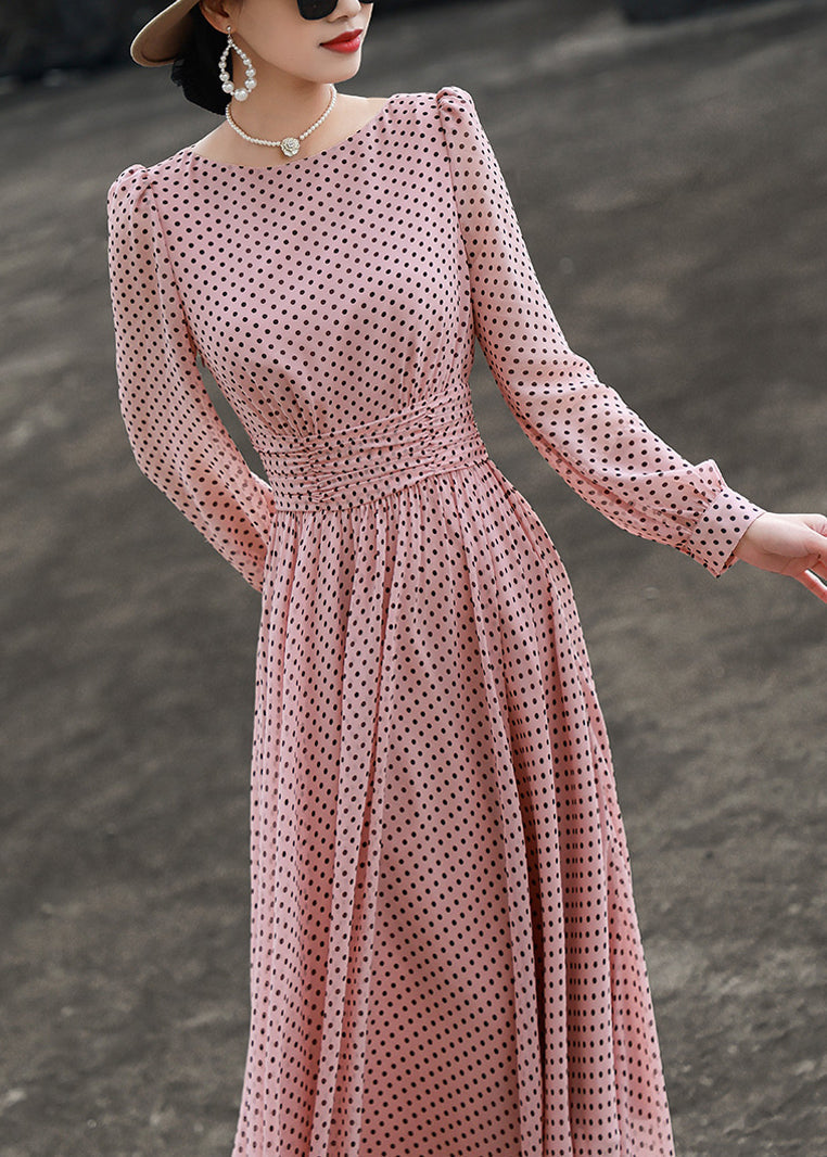 Slim Fit Pink Dot O Neck Chiffon Dresses Long Sleeve EE1019 SH-LF-FDL240517