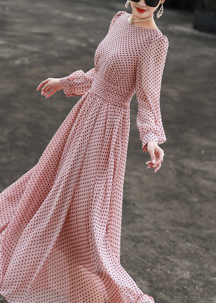 Slim Fit Pink Dot O Neck Chiffon Dresses Long Sleeve EE1019 SH-LF-FDL240517
