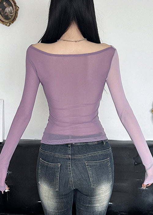 Asymmetrical Shirts Tulle T Patchwork Fit Slim Purple Spring FashionChic