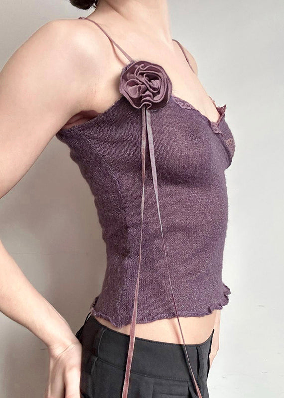 Slim Floral Purple Knitting Vest Cotton Spaghetti Lace Strap Fit FashionChic