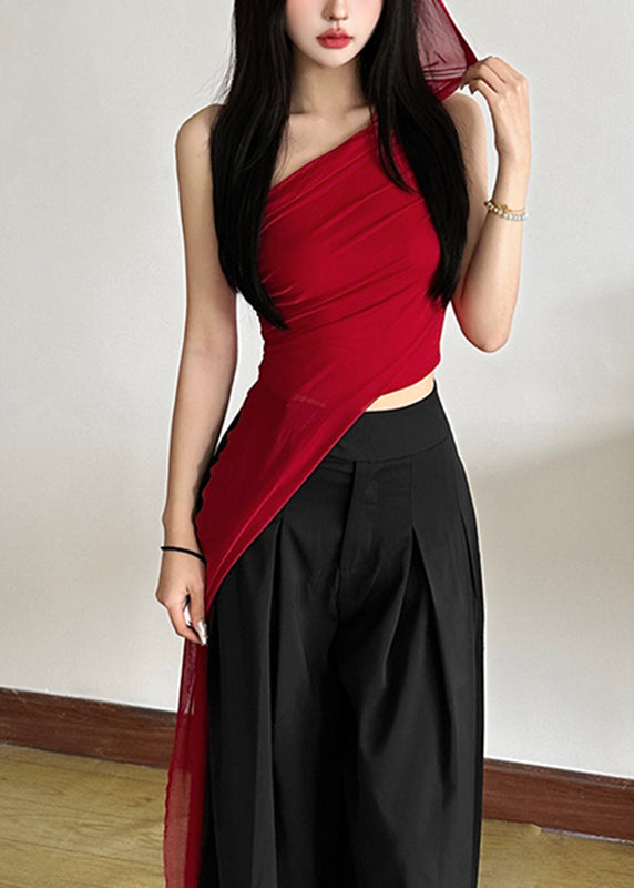 Fit Slim Asymmetrical Shoulder One Shirt Red Sleeveless Tulle FashionChic